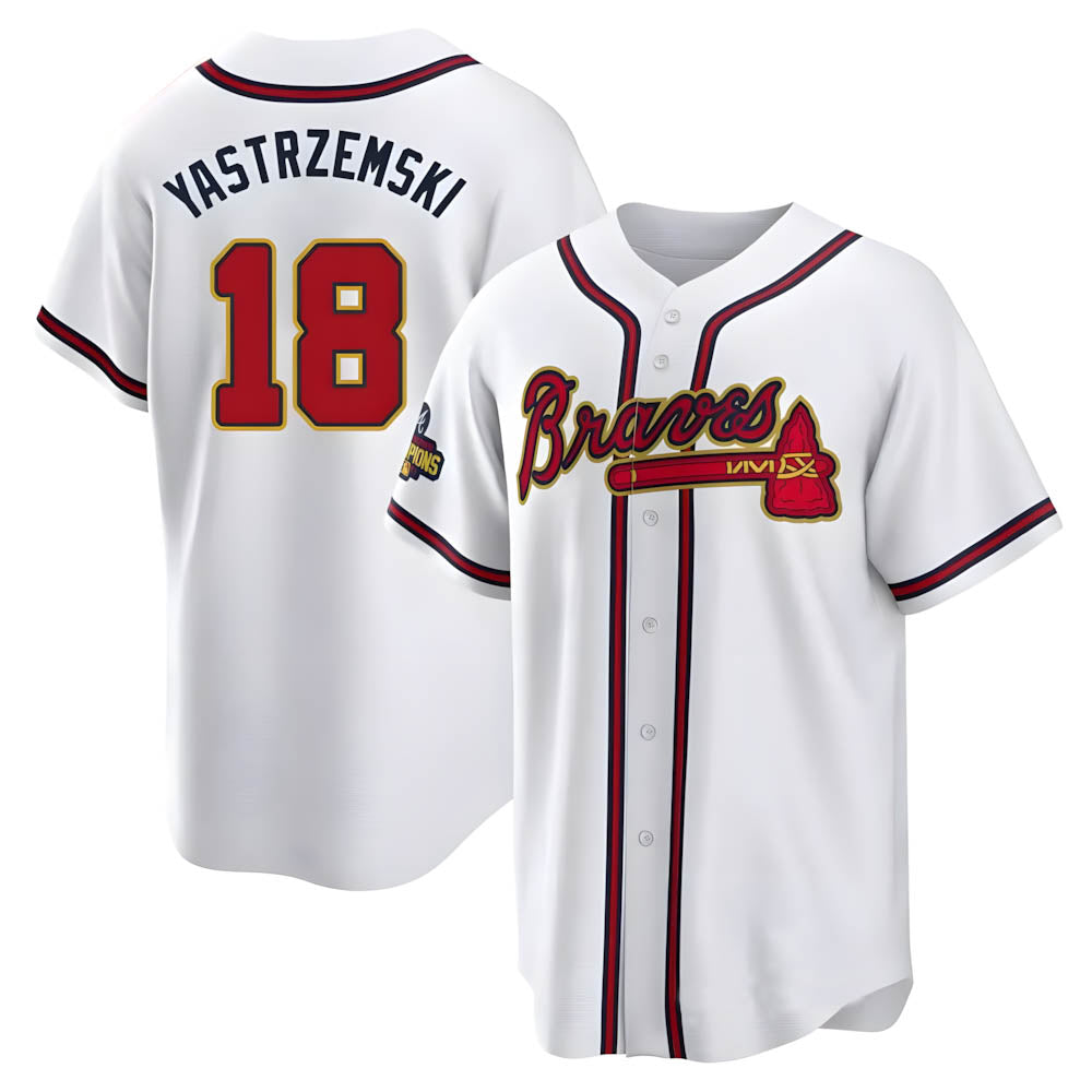 Trusc A.Braves #18 Mike Yastrzemski player Gold Replica White Program Stitched Jerseys