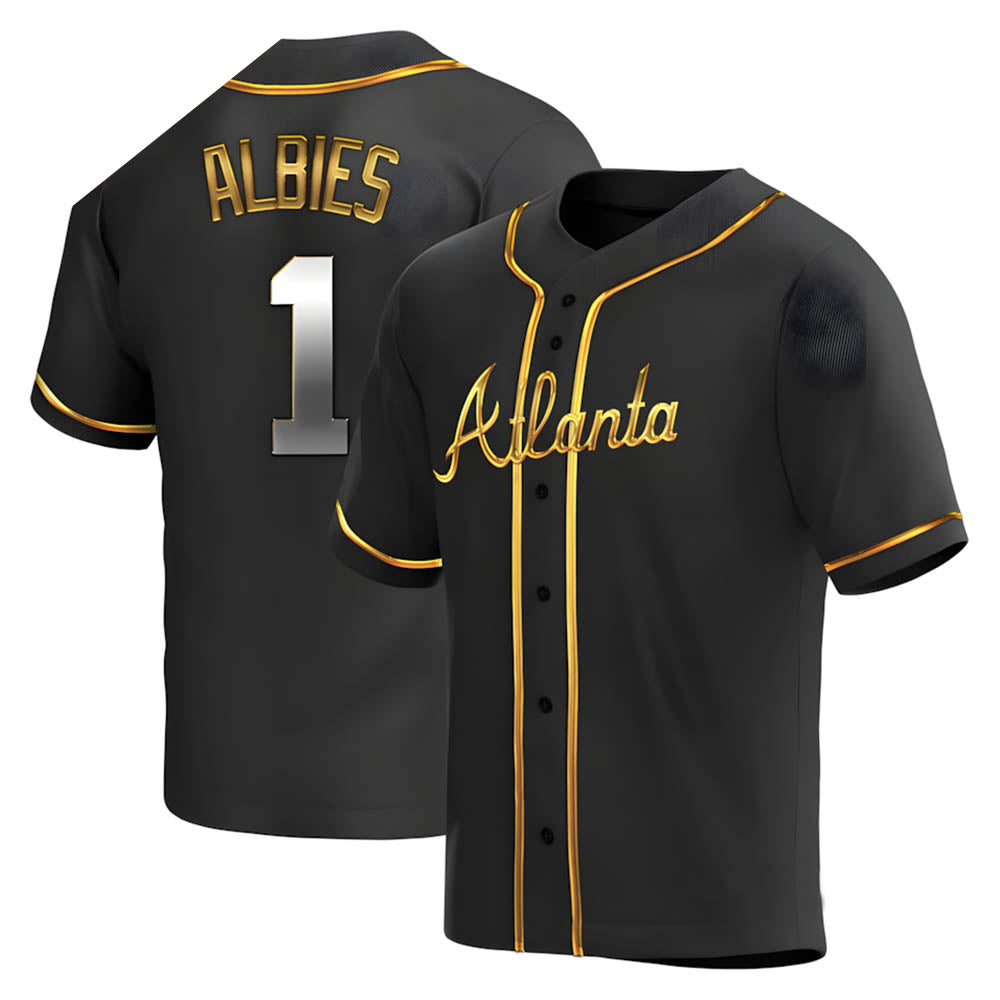 Trusc A.Braves #1 Ozzie Albies Player Gold Replica Black en Alternate Stitched Jerseys