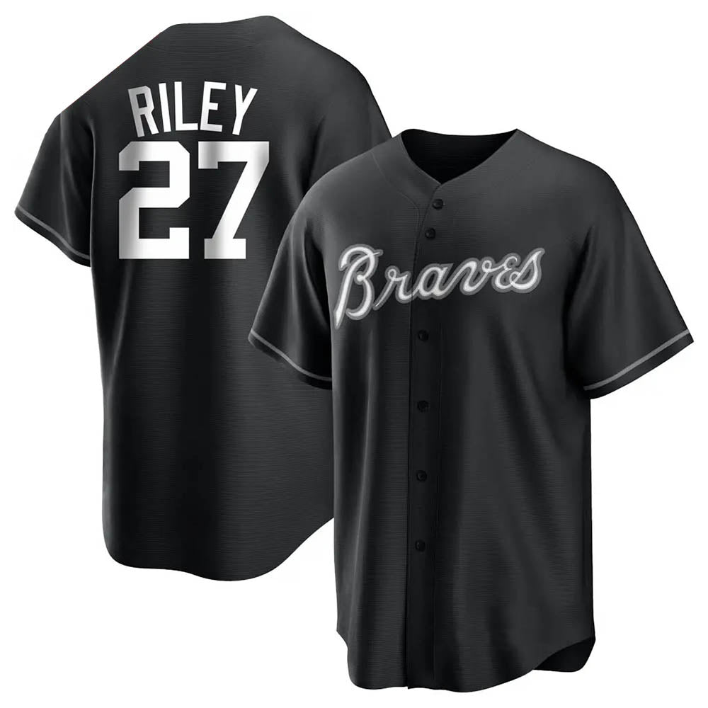 Trusc A.Braves #27 Austin Riley Player Black&White Replica Stitched Jerseys