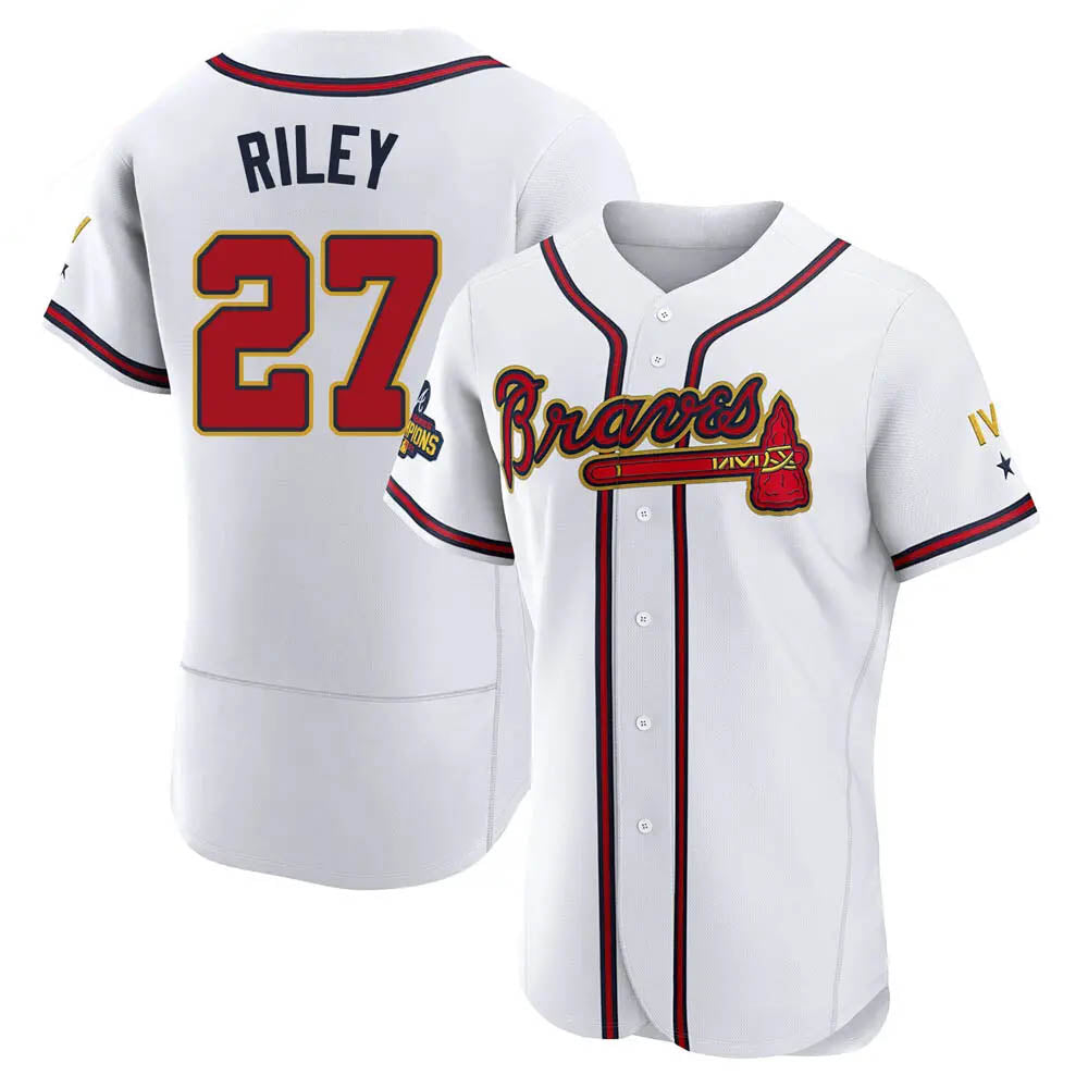 Trusc A.Braves #27 Austin Riley Player White&Gold Authentic Program Stitched Jerseys