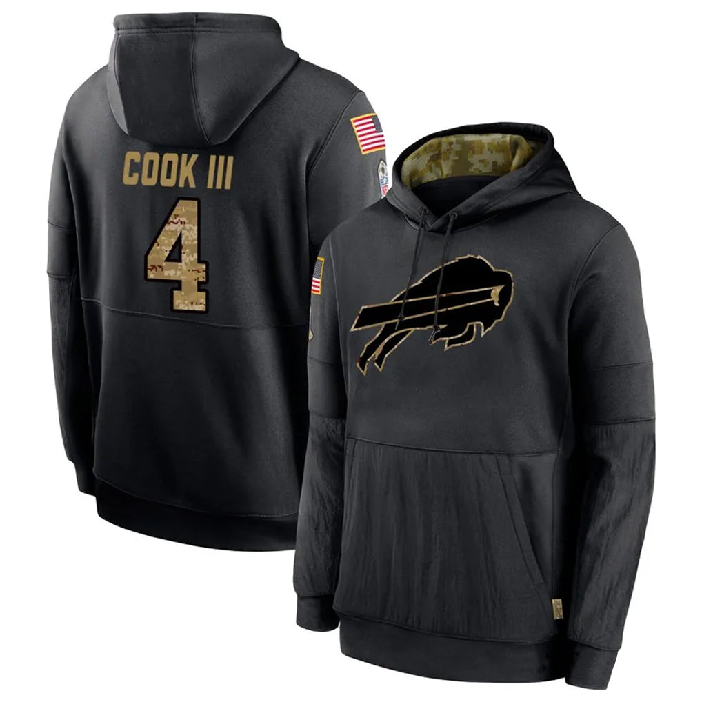 Trusc B.Bills #4 James Cook III Player Salute to Service Black Hoodies  Stitched Jerseys