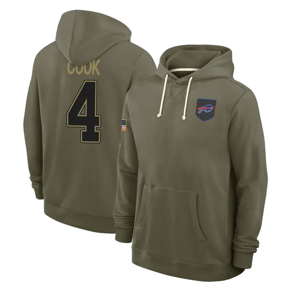 Trusc B.Bills #4 James Cook III Player Salute to Service Olive Hoodies  Stitched Jerseys