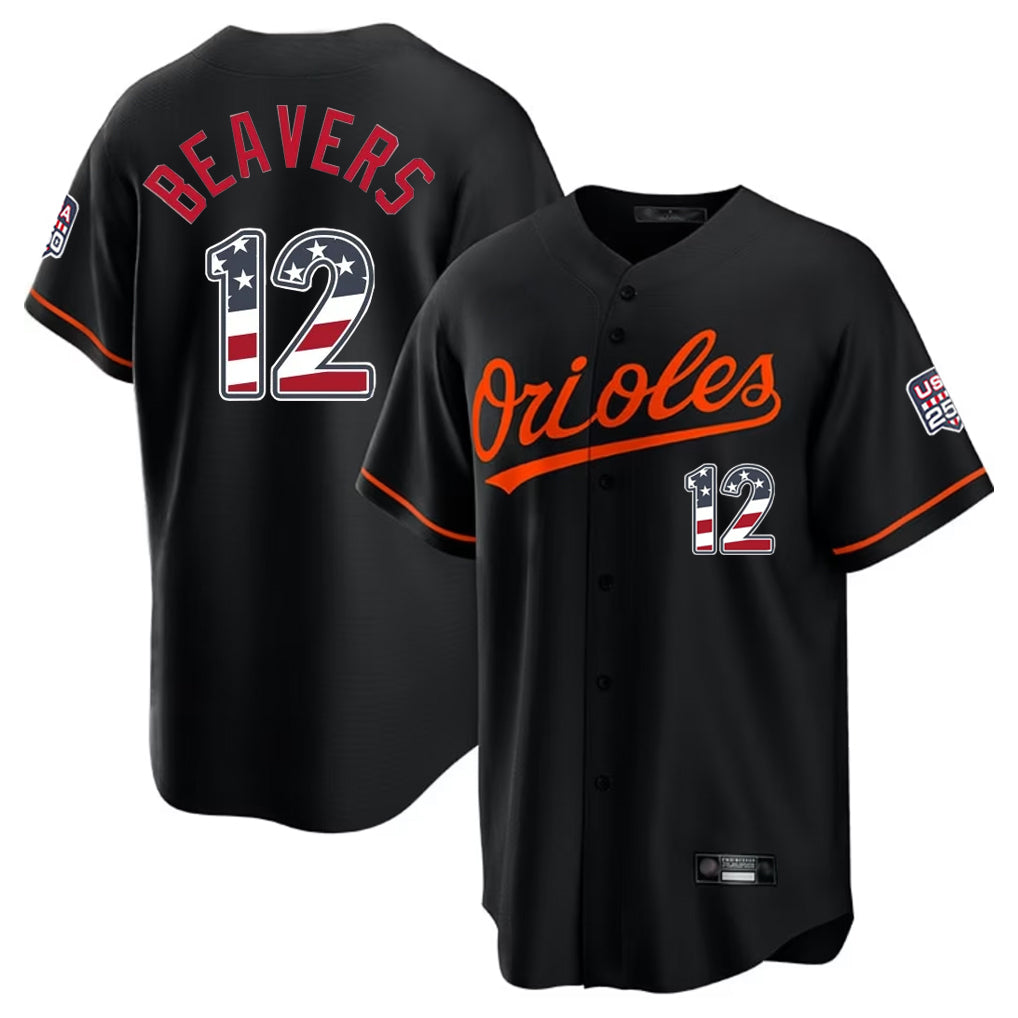 Trusc B.Orioles #12 Dylan Beavers Player Black USA 250 Fourth of July Home Game Stitched Jerseys