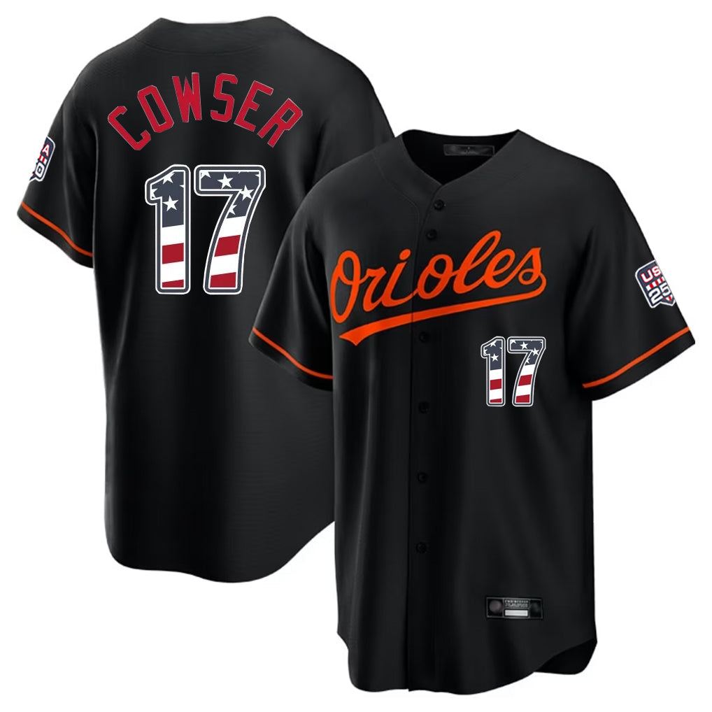 Trusc B.Orioles #17 Colton Cowser Player Black USA 250 Fourth of July Home Game Stitched Jerseys