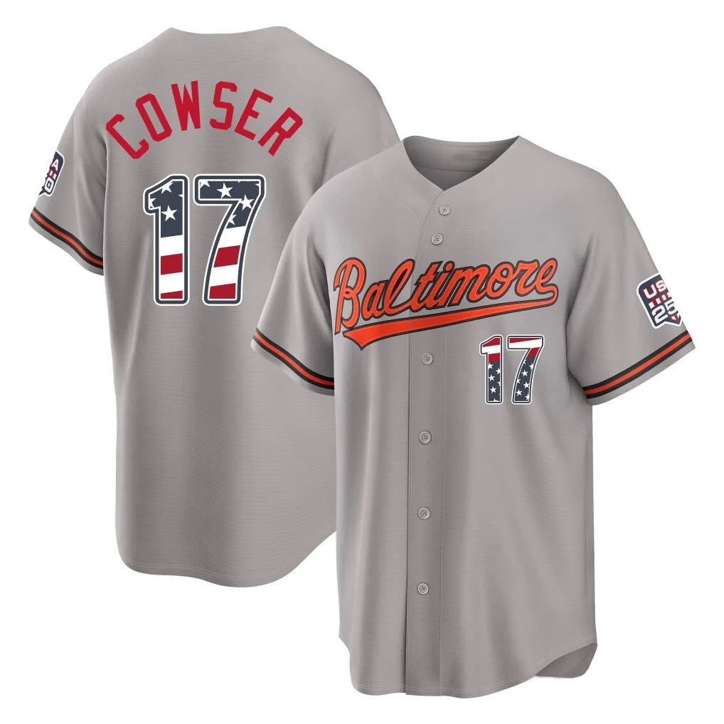 Trusc B.Orioles #17 Colton Cowser Player Gray USA 250 Fourth of July Home Game Stitched Jerseys
