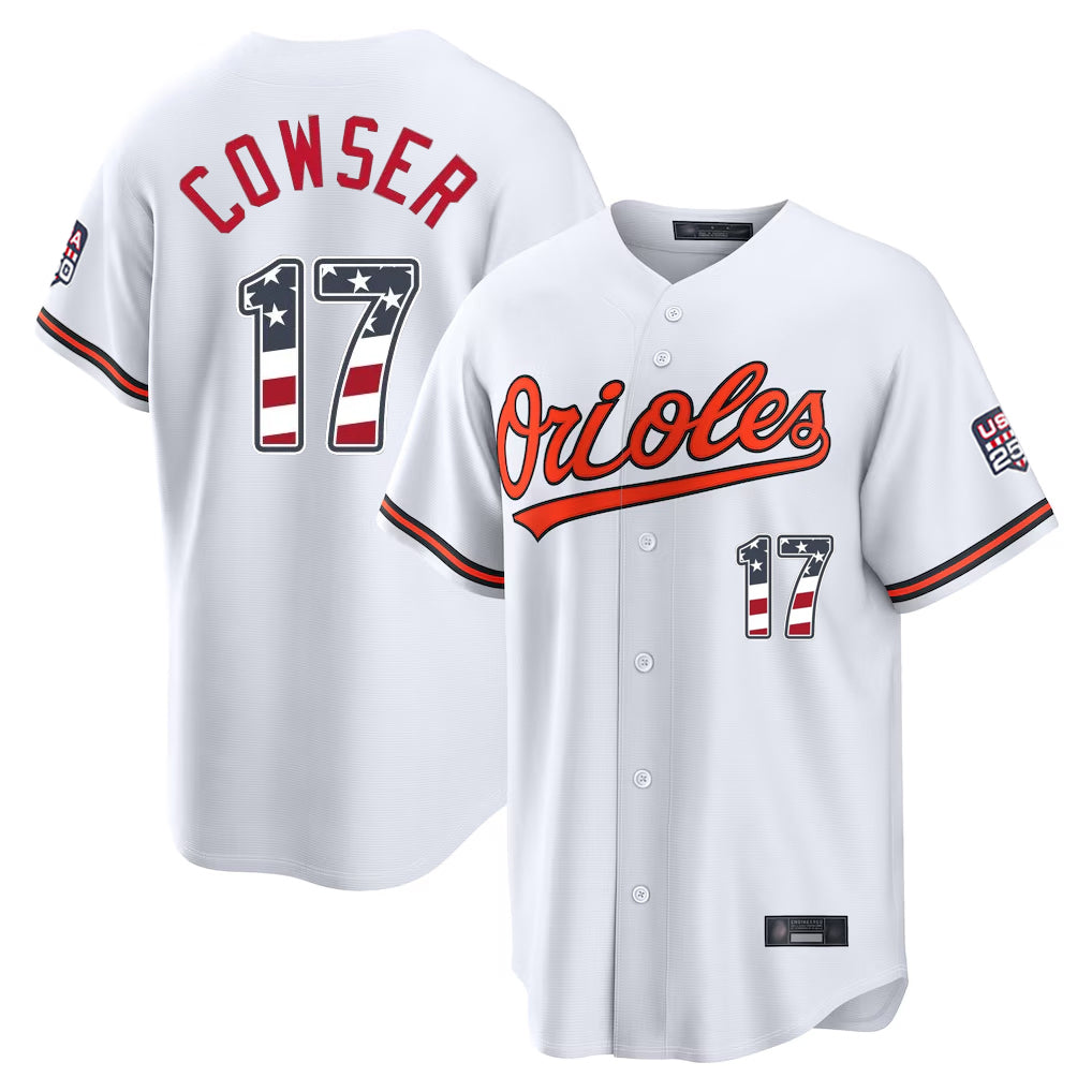 Trusc B.Orioles #17 Colton Cowser Player White USA 250 Fourth of July Home Game Stitched Jerseys