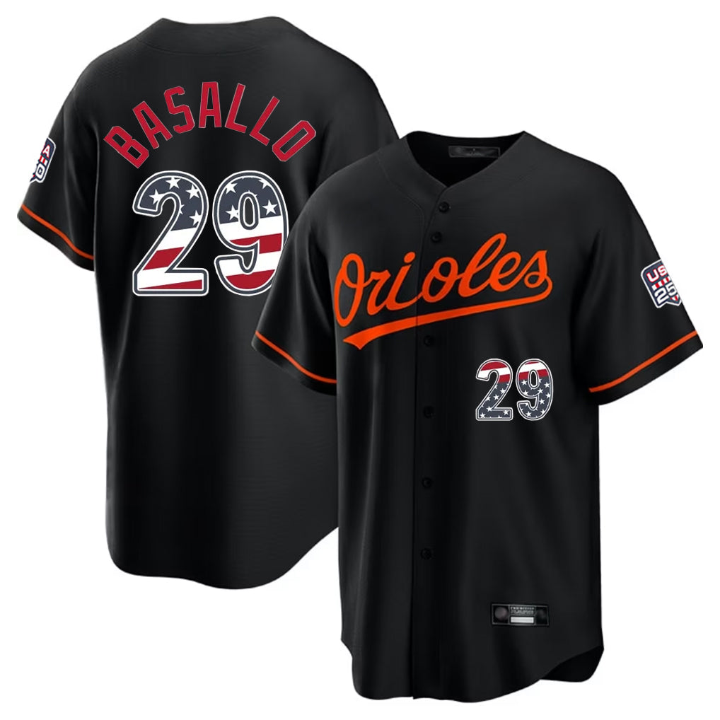Trusc B.Orioles #29 Samuel Basallo Player Black USA 250 Fourth of July Home Game Stitched Jerseys