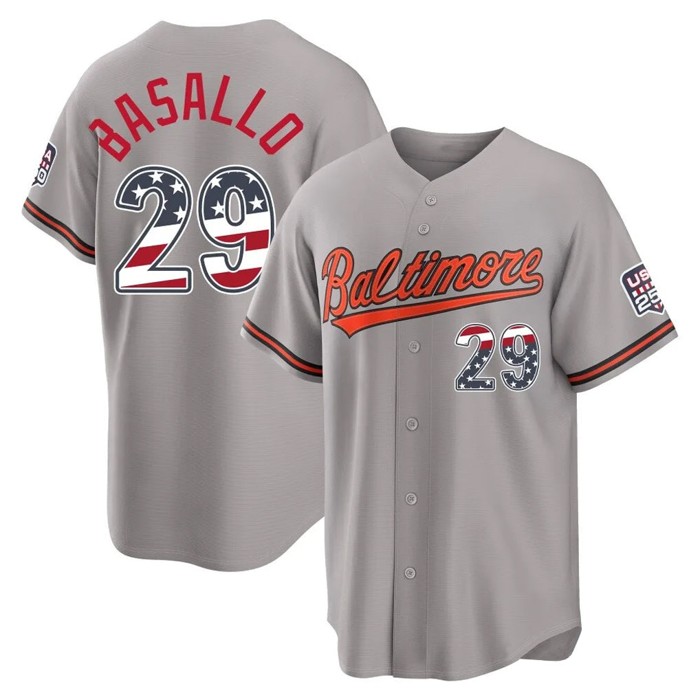Trusc B.Orioles #29 Samuel Basallo Player Gray USA 250 Fourth of July Home Game Stitched Jerseys