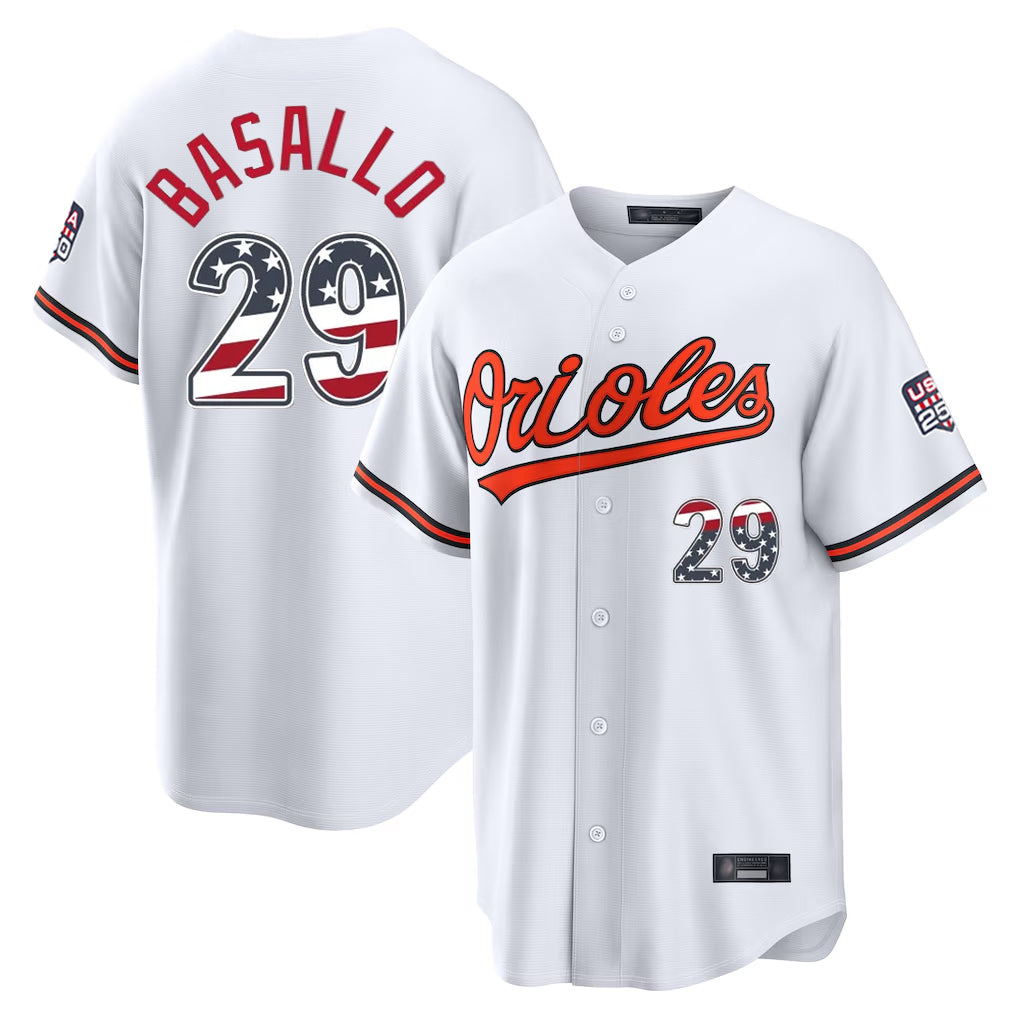 Trusc B.Orioles #29 Samuel Basallo Player White USA 250 Fourth of July Home Game Stitched Jerseys