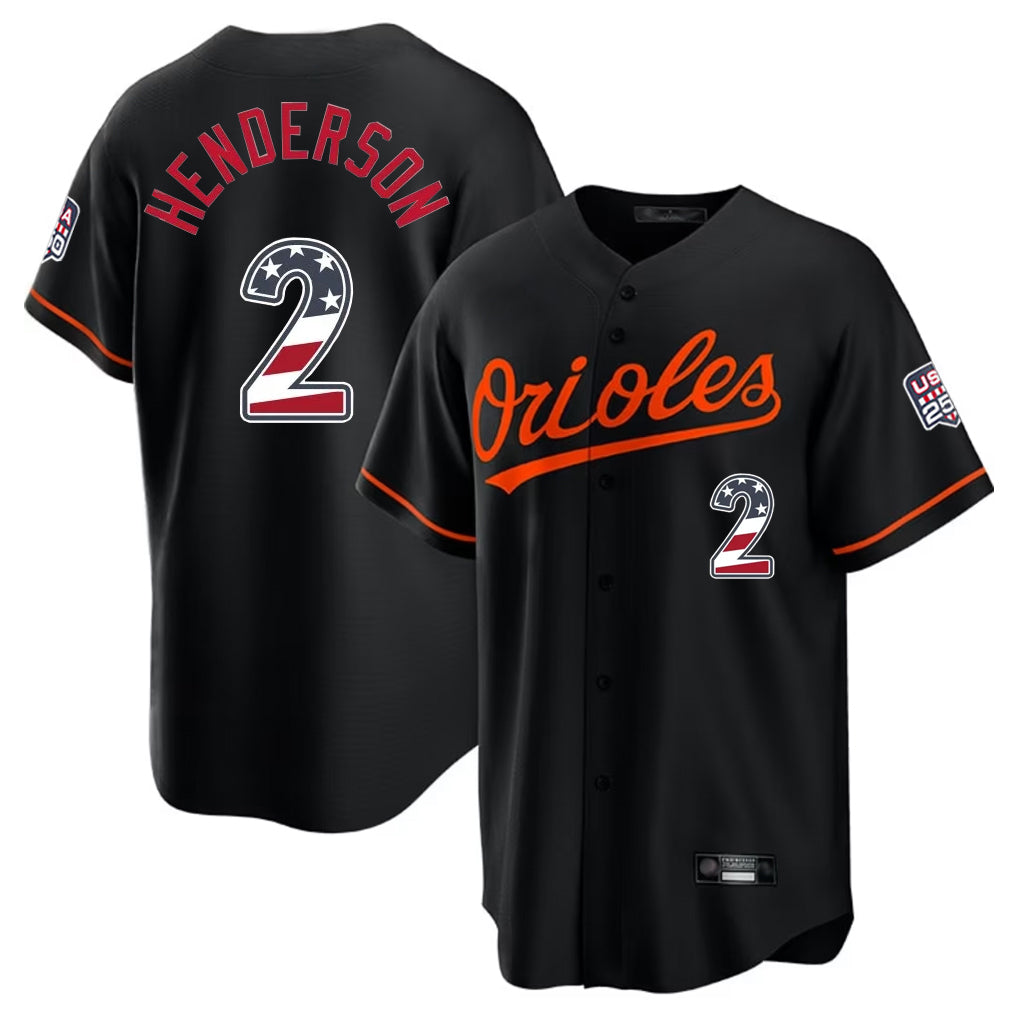 Trusc B.Orioles #2 Gunnar Henderson Player Black USA 250 Fourth of July Home Game Stitched Jerseys