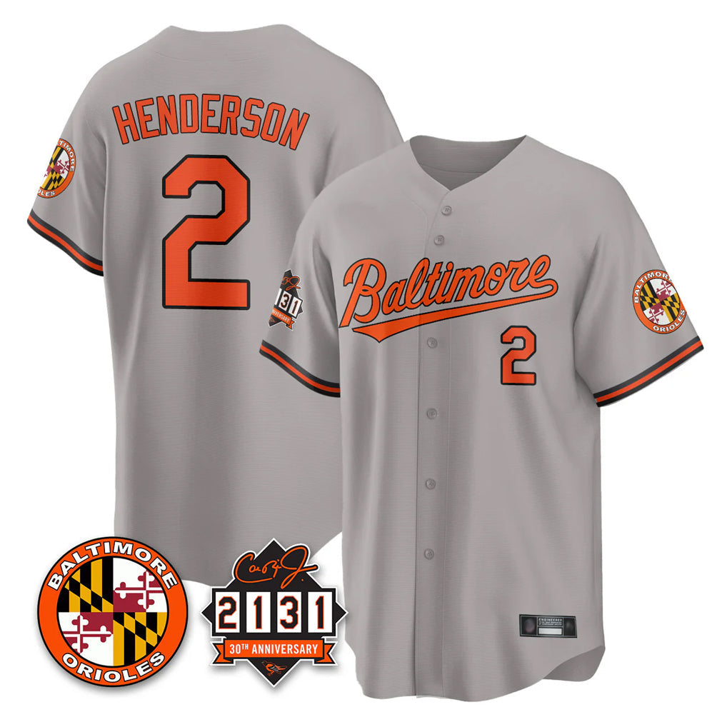 Trusc B.Orioles #2 Gunnar Henderson Player Gray 30th Anniversary of 2131 Home Game Stitched Jerseys