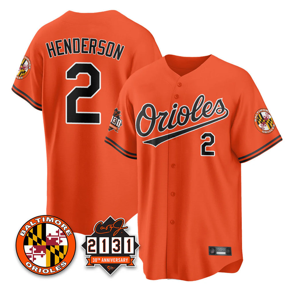 Trusc B.Orioles #2 Gunnar Henderson Player Orange 30th Anniversary of 2131 Home Game Stitched Jerseys
