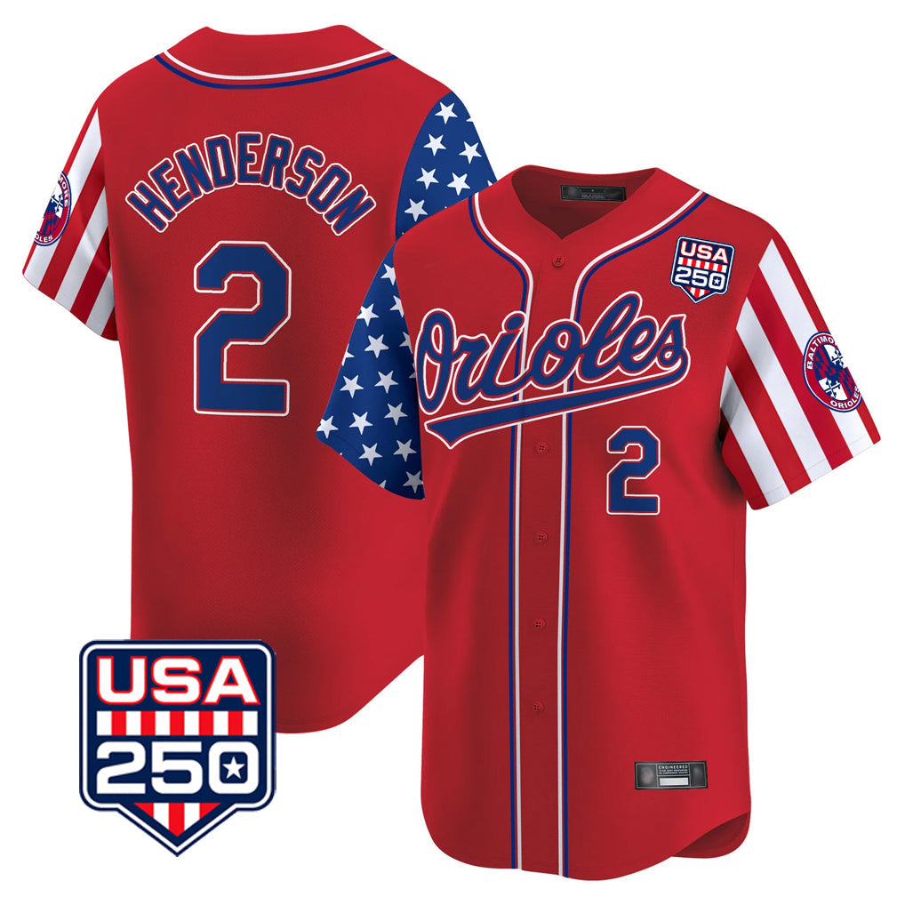 Trusc B.Orioles #2 Gunnar Henderson Player Red USA 250 Independence Day Vapor Premier Limited Home Game Stitched Jerseys