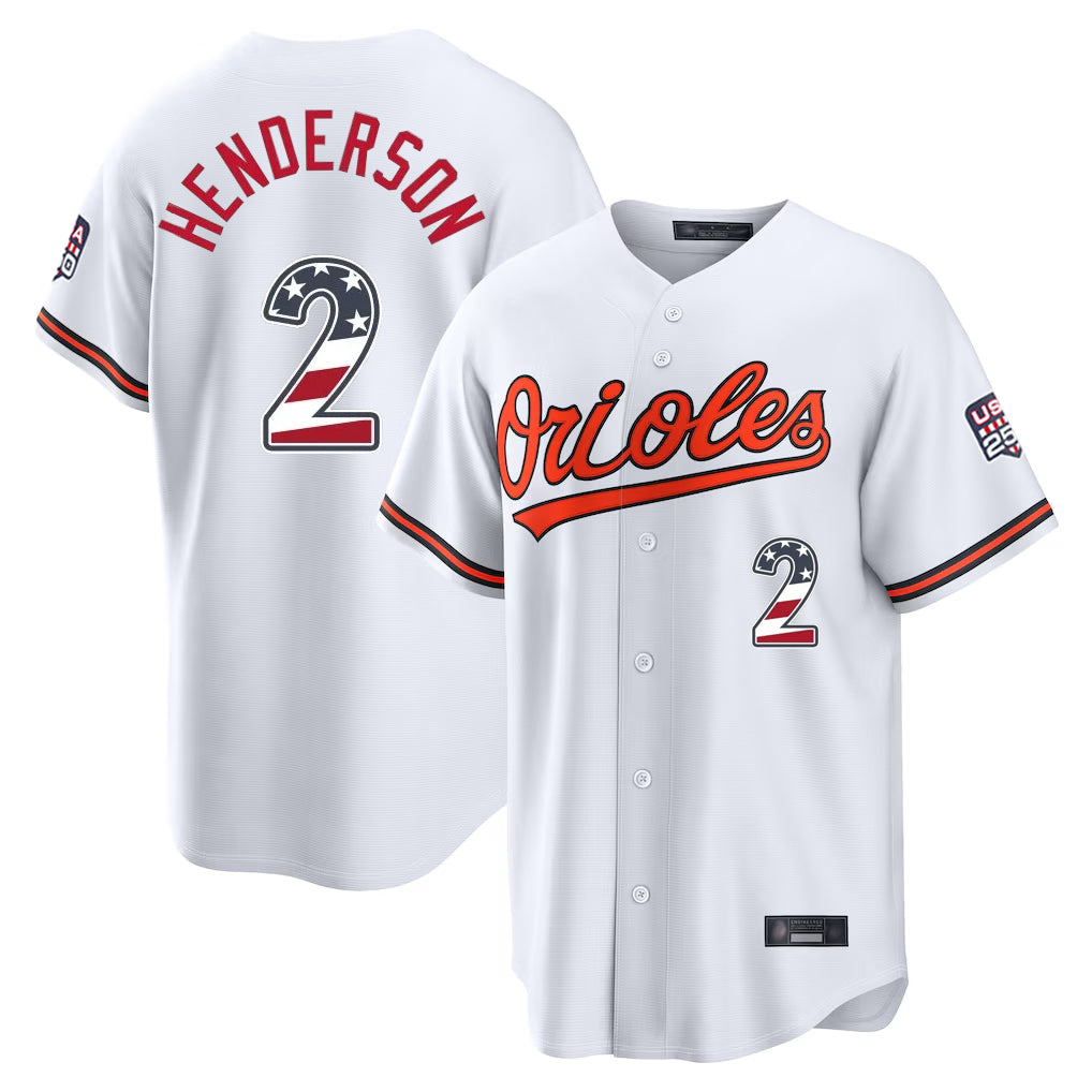 Trusc B.Orioles #2 Gunnar Henderson Player White USA 250 Fourth of July Home Game Stitched Jerseys