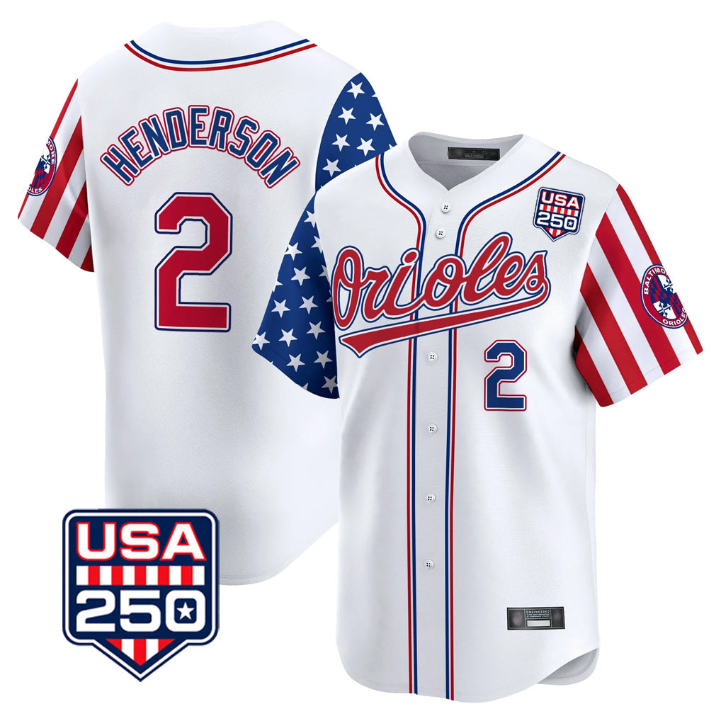 Trusc B.Orioles #2 Gunnar Henderson Player White USA 250 Independence Day Vapor Premier Home Game Stitched Jerseys