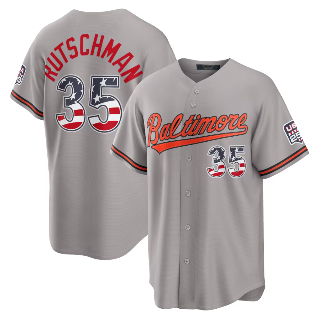 Trusc B.Orioles #35 Adley Rutschman Gray USA 250 Fourth of July Road Stadium Jersey