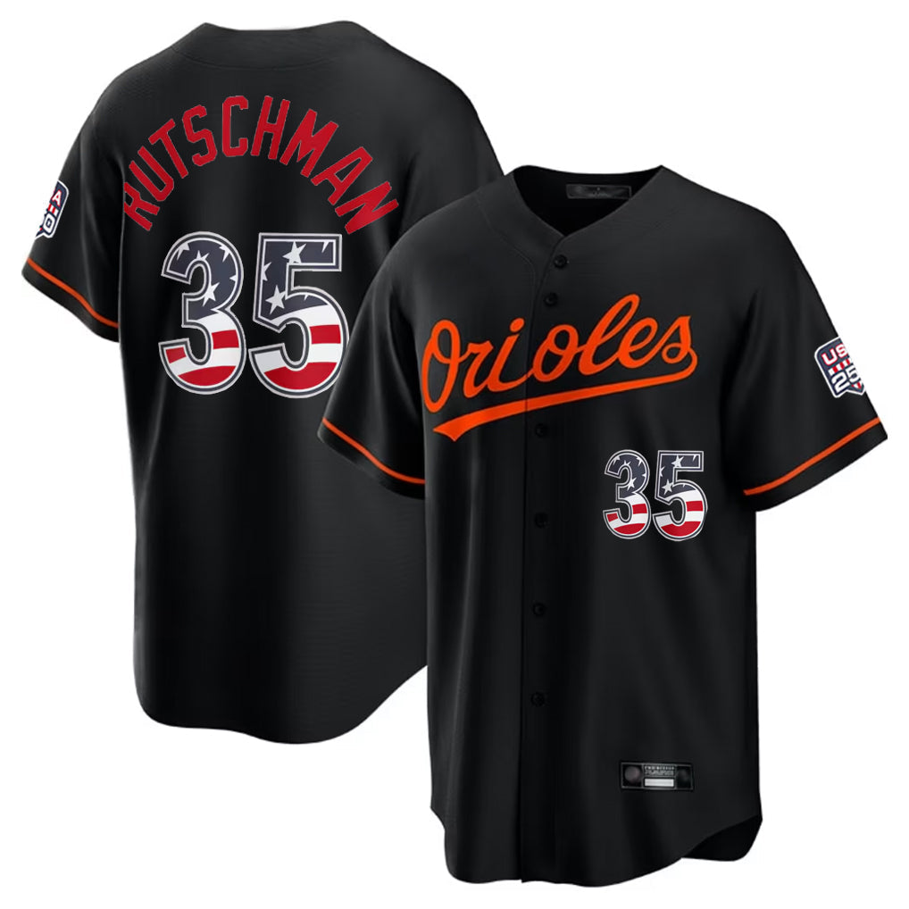Trusc B.Orioles #35 Adley Rutschman Player Black USA 250 Fourth of July Home Game Stitched Jerseys