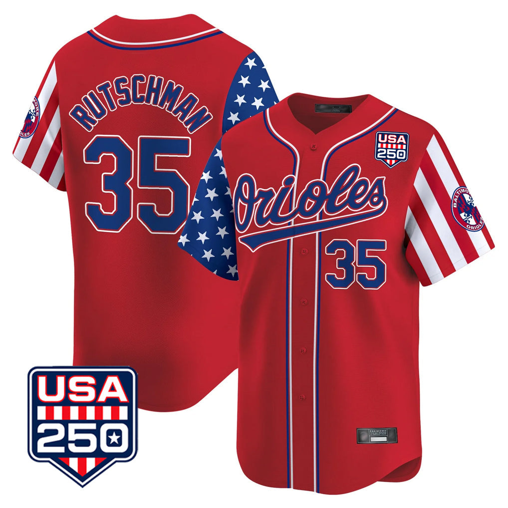 Trusc B.Orioles #35 Adley Rutschman Red USA 250 Independence Day Vapor Premier Limited Home Game Stitched Jerseys