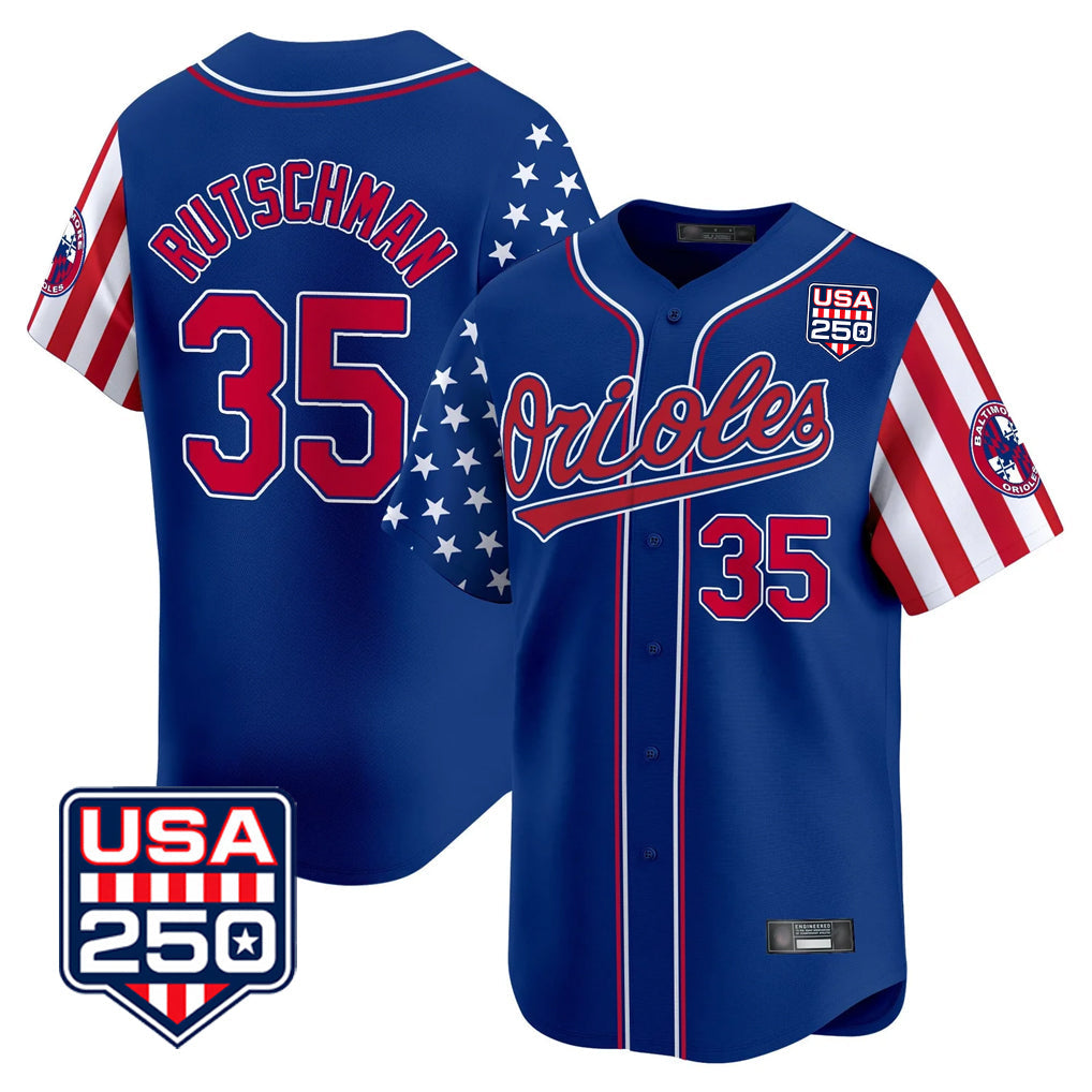 Trusc B.Orioles #35 Adley Rutschman Royal USA 250 Independence Day Vapor Premier Limited Home Game Stitched Jerseys