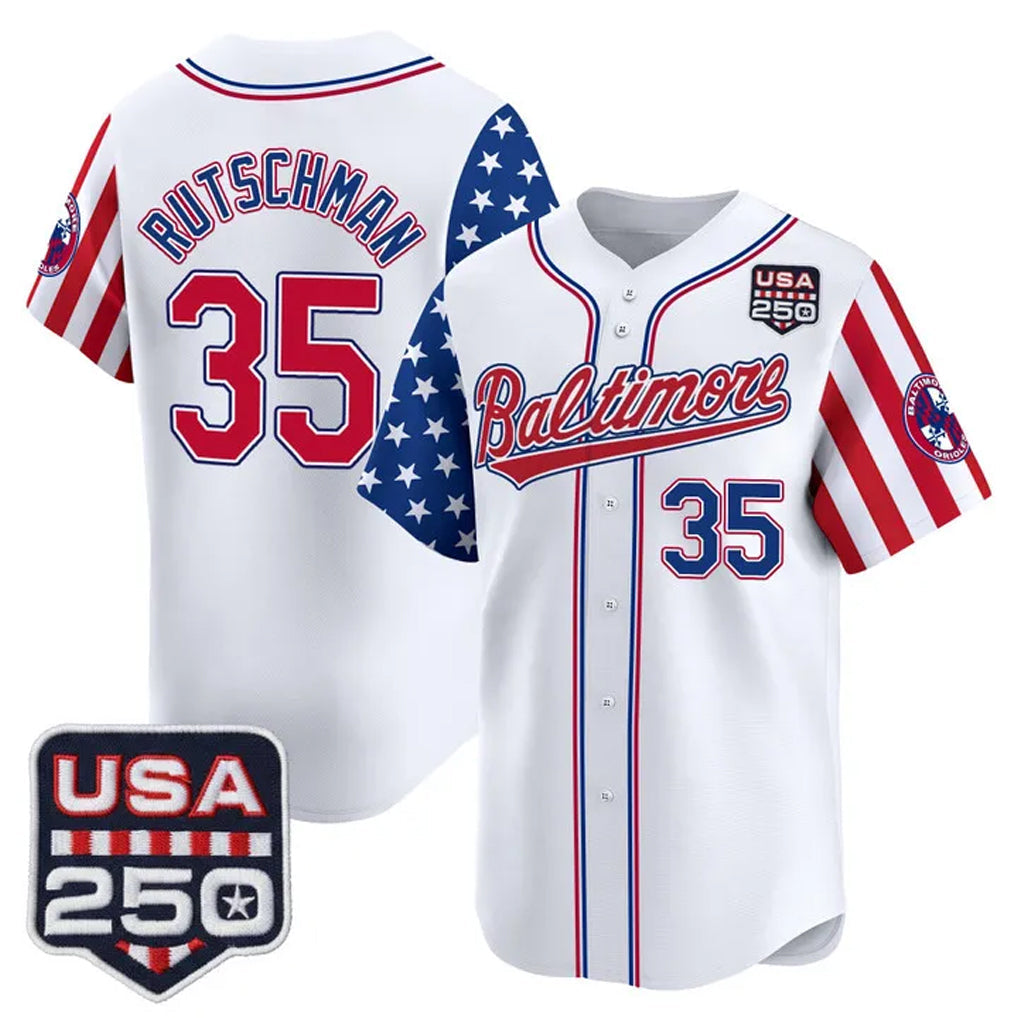 Trusc B.Orioles #35 Adley Rutschman Player White USA 250 Independence Day Vapor Premier Limited Home Game Stitched Jerseys