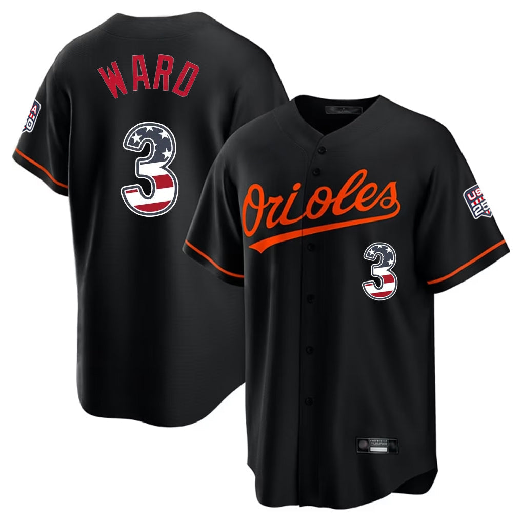 Trusc B.Orioles #3 Taylor Ward Player Black USA 250 Fourth of July Home Game Stitched Jerseys
