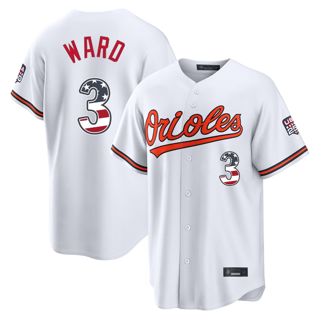Trusc B.Orioles #3 Taylor Ward Player White USA 250 Fourth of July Home Game Stitched Jerseys