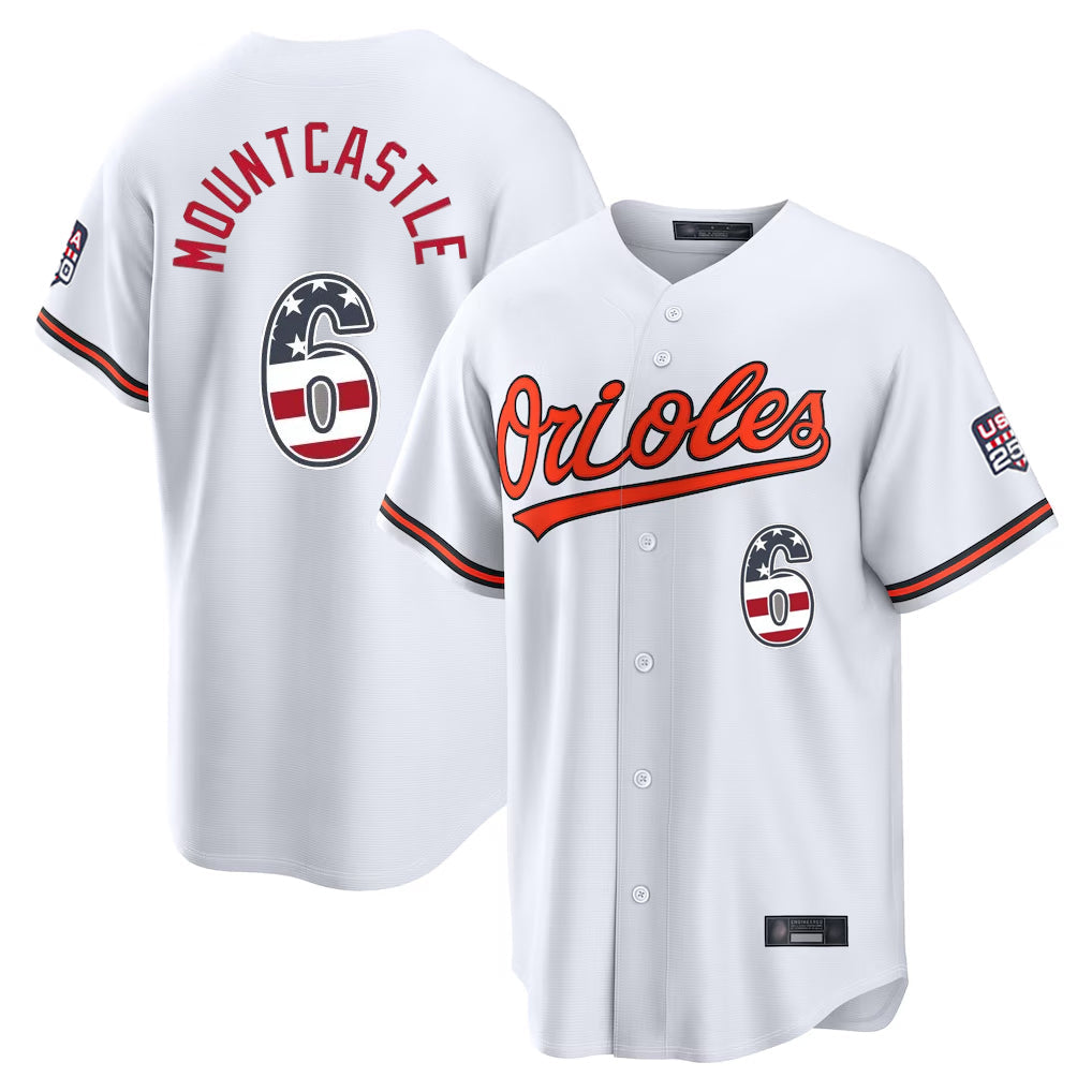 Trusc B.Orioles #6 Ryan Mountcastle Player White USA 250 Fourth of July Home Game Stitched Jerseys