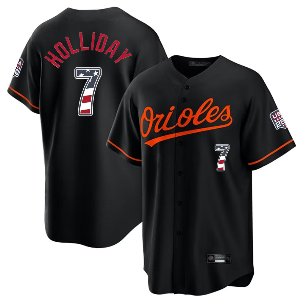 Trusc B.Orioles #7 Jackson Holliday Player Black USA 250 Fourth of July Home Game Stitched Jerseys