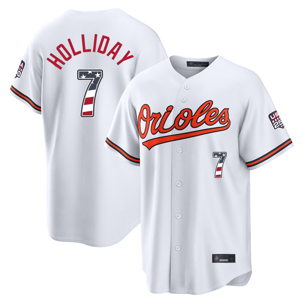 Trusc B.Orioles #7 Jackson Holliday Player White USA 250 Fourth of July Home Game Stitched Jerseys