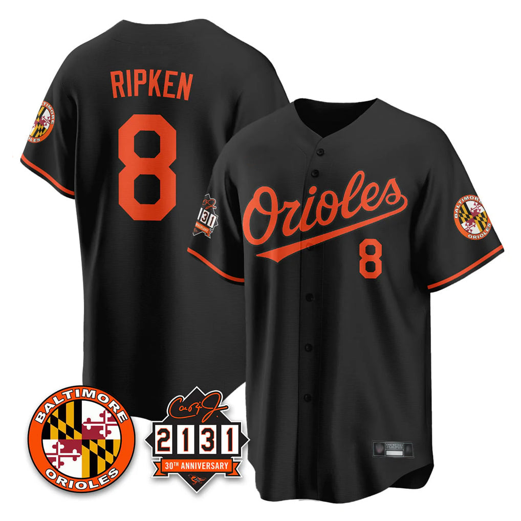 Trusc B.Orioles #8 Cal Ripken Player Black 30th Anniversary of 2131 Home Game Stitched Jerseys