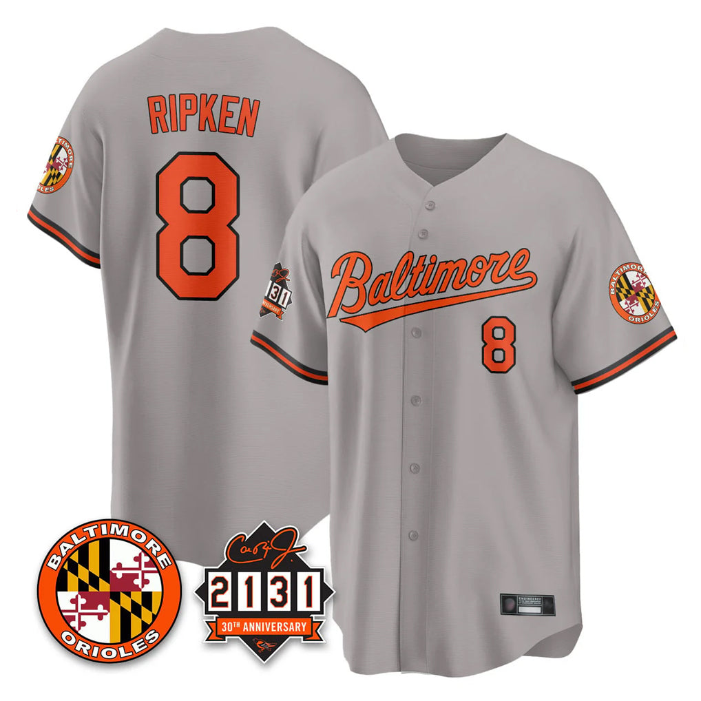 Trusc B.Orioles #8 Cal Ripken Player Gray 30th Anniversary of 2131 Home Game Stitched Jerseys