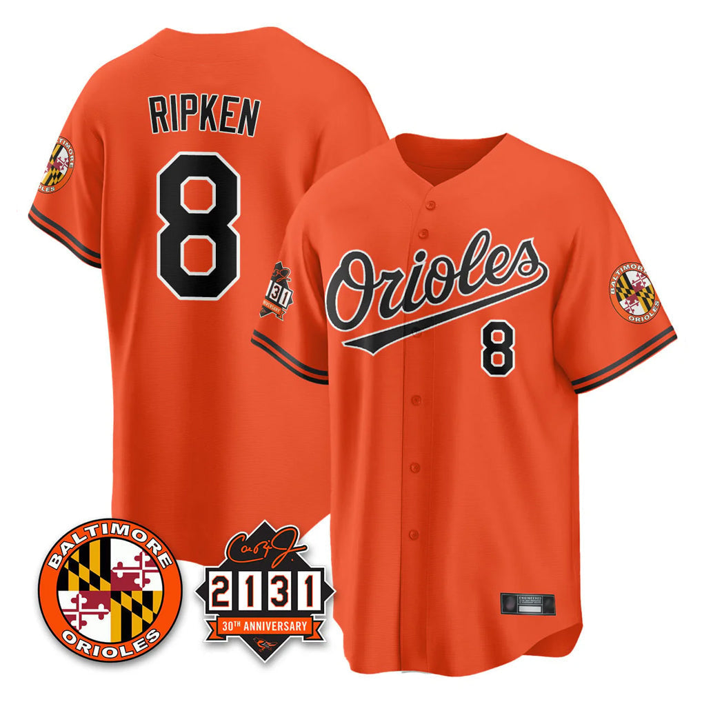 Trusc B.Orioles #8 Cal Ripken Player Orange 30th Anniversary of 2131 Home Game Stitched Jerseys