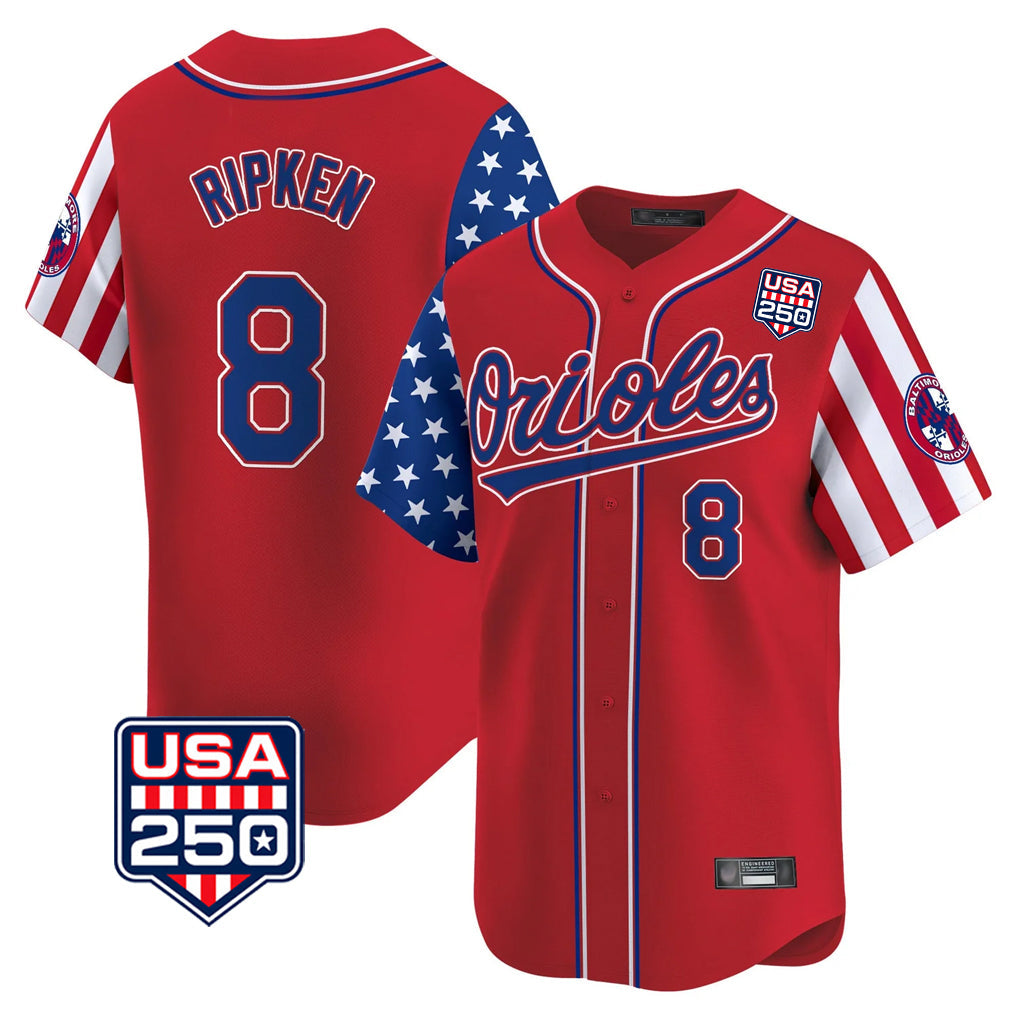 Trusc B.Orioles #8 Cal Ripken Player Red USA 250 Independence Day Vapor Premier Limited Home Game Stitched Jerseys