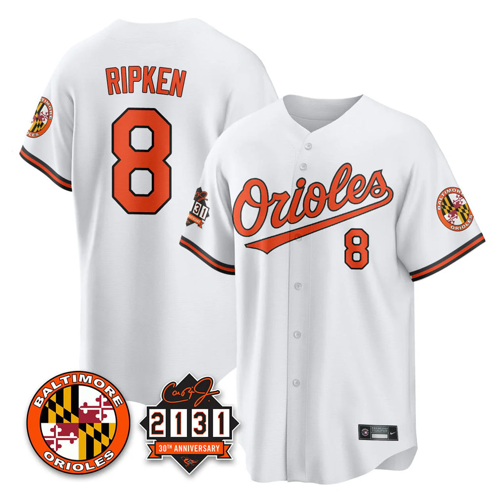 Trusc B.Orioles #8 Cal Ripken Player White 30th Anniversary of 2131 Home Game Stitched Jerseys