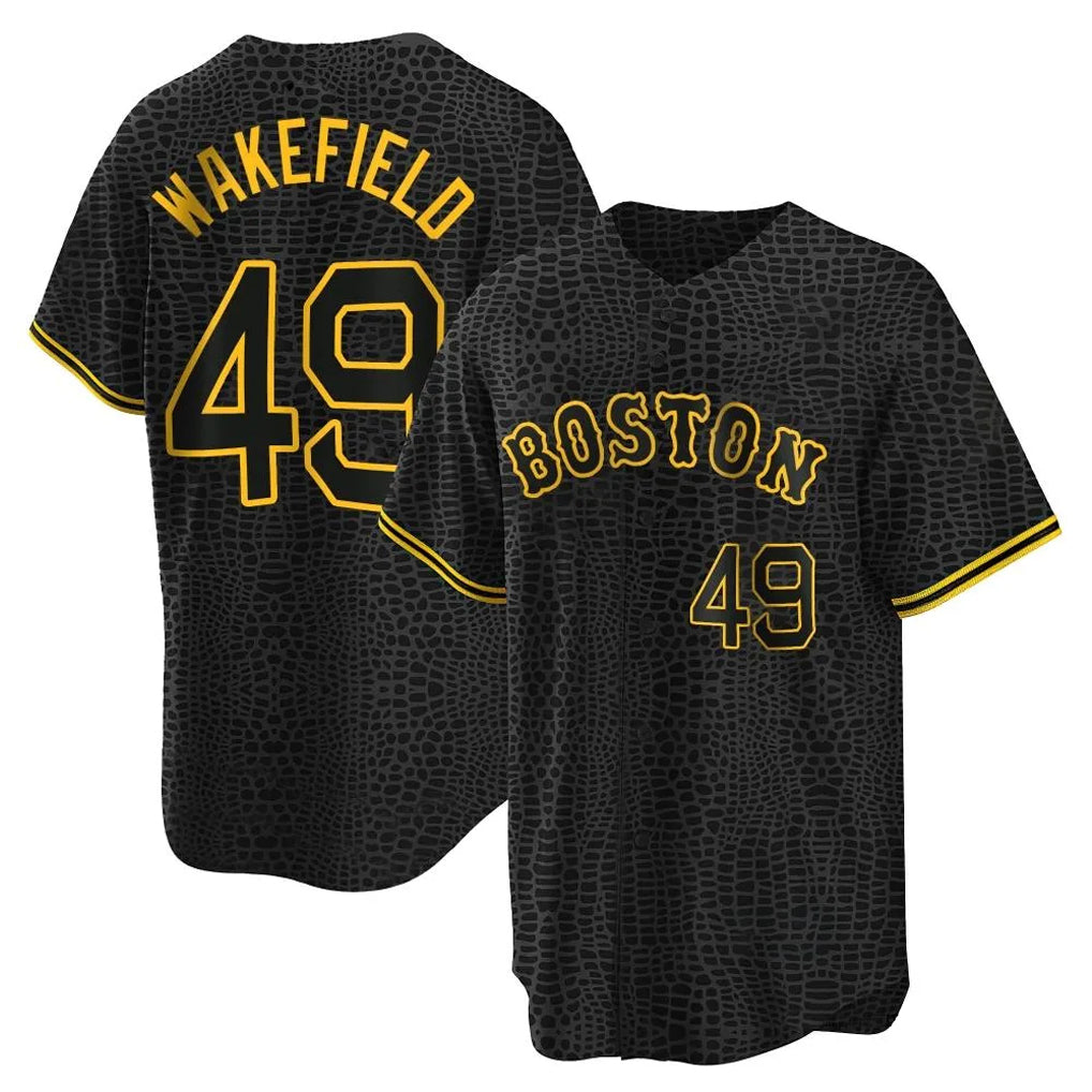 Trusc B.Red Sox #49 Tim Wakefield Player Black Snake Skin City Home Game Stitched Jerseys
