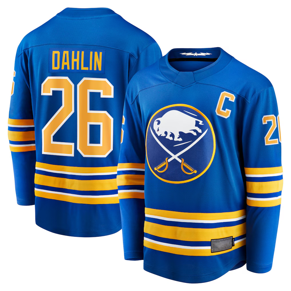 Trusc B.Sabres #26 Rasmus Dahlin Royal Home Captain Patch Breakaway Stitched Jerseys