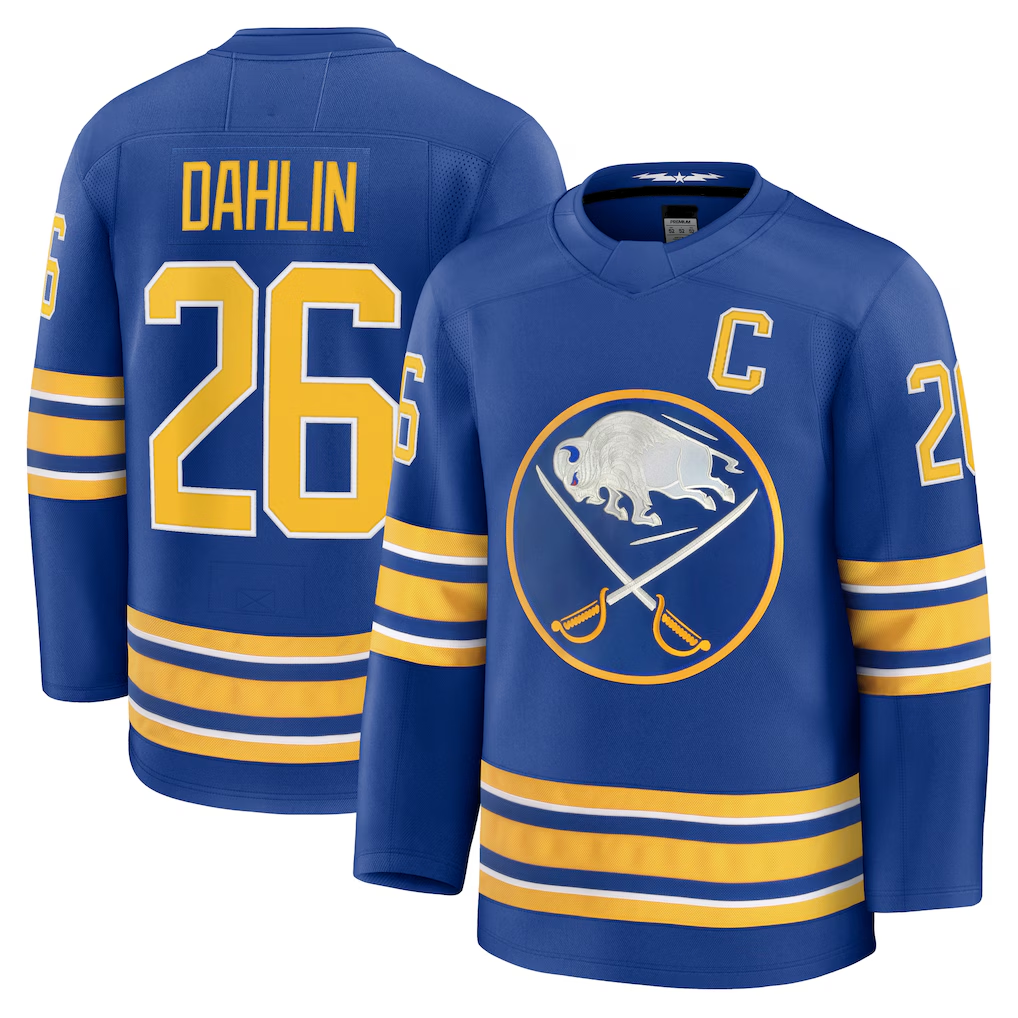 Trusc B.Sabres #26 Rasmus Dahlin Royal Premium with Captain's Patch Stitched Jerseys