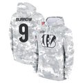 Trusc C.Bengals #9 Joe Burrow Player Arctic Camo Salute to Service Pullover Hoodie Stitched Jerseys