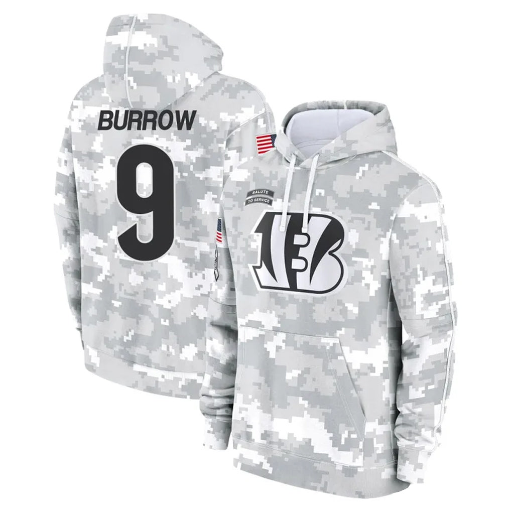Trusc C.Bengals #9 Joe Burrow Player Arctic Camo Salute to Service Pullover Hoodie Stitched Jerseys