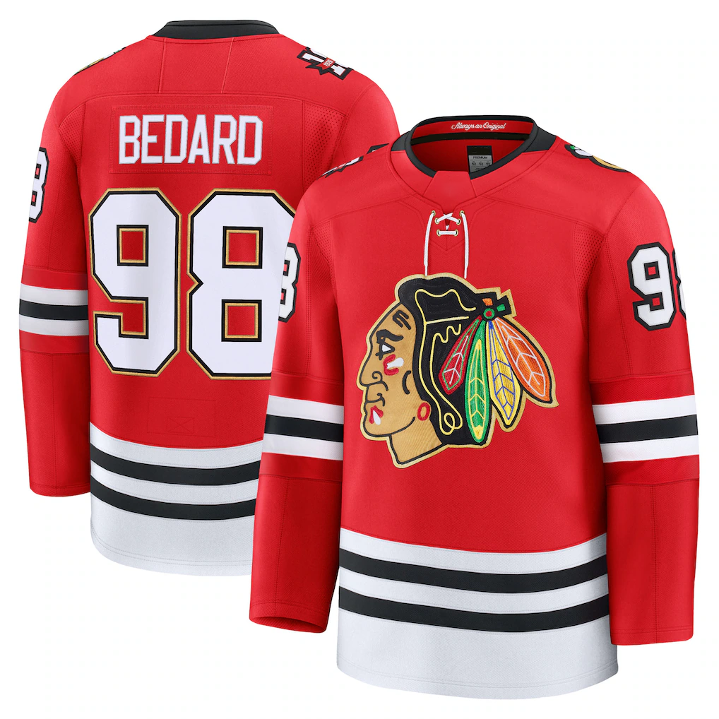 Trusc C.Blackhawks #98 Connor Bedard Red Centennial Premium Player Jerseys