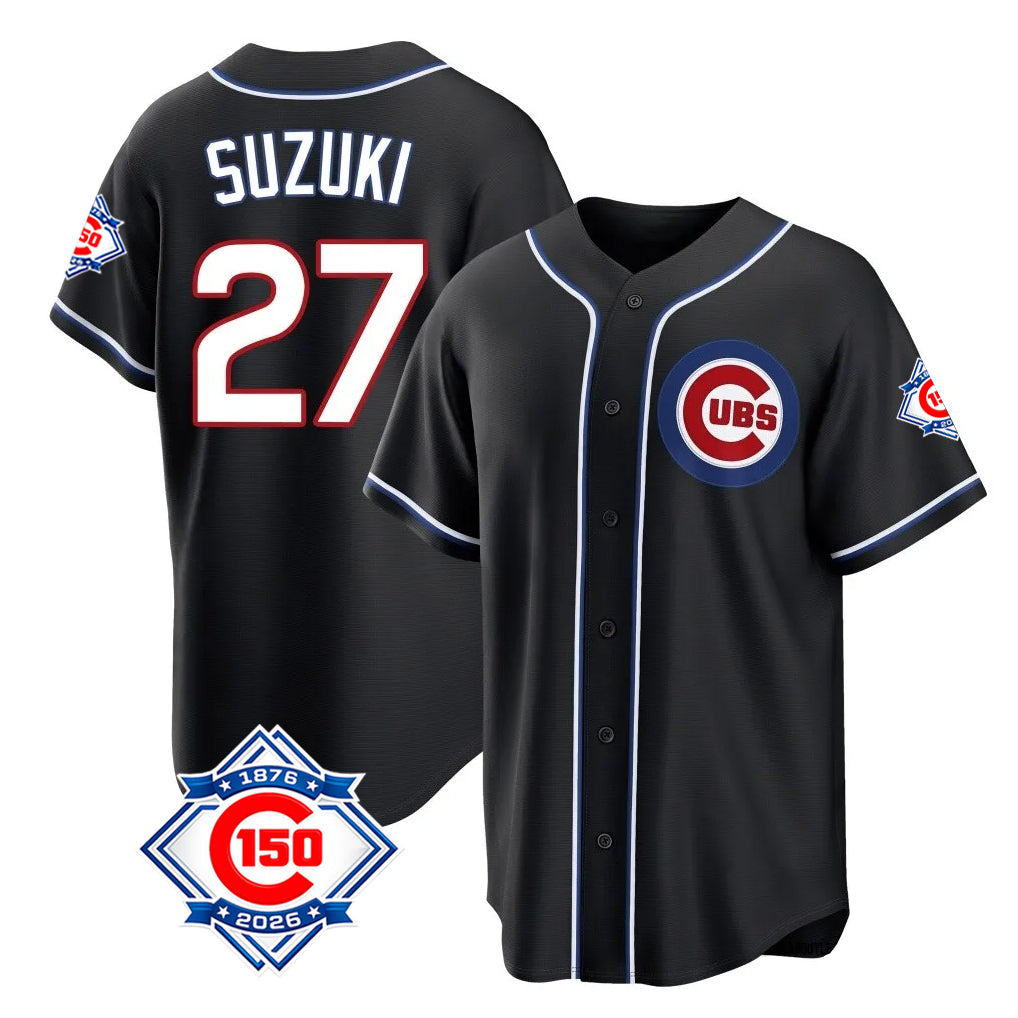Trusc C.Cubs #27 Seiya Suzuki Player Black Fashion Out 150th Anniversary Game Stitched Jerseys