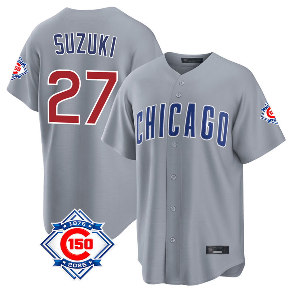 Trusc C.Cubs #27 Seiya Suzuki Player Gray 150th Anniversary Home Game Stitched Jerseys
