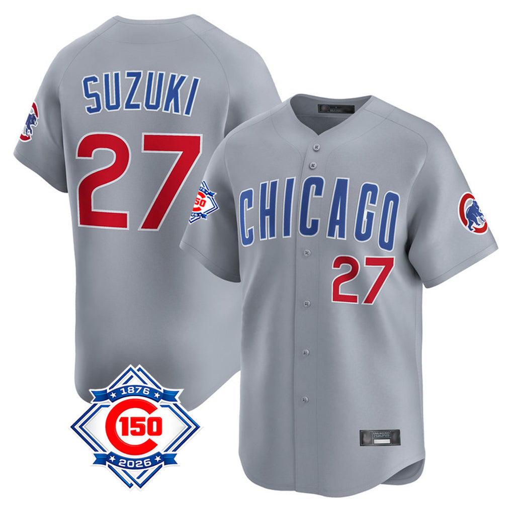 Trusc C.Cubs #27 Seiya Suzuki Player Gray Road 150th Anniversary Limited Home Stitched Jerseys