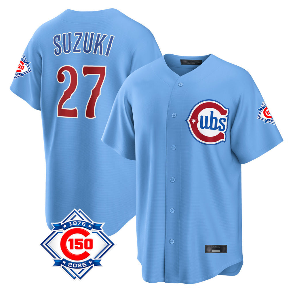 Trusc C.Cubs #27 Seiya Suzuki Player Light Blue 150th Anniversary Home Game Stitched Jerseys