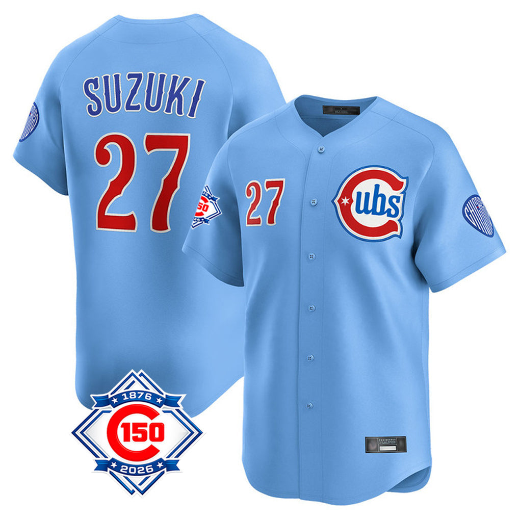 Trusc C.Cubs #27 Seiya Suzuki Player Light Blue 150th Anniversary Limited Home Stitched Jerseys