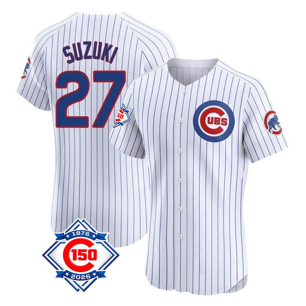 Trusc C.Cubs #27 Seiya Suzuki Player White 150th Anniversary Limited Elite Home Game Stitched Jerseys