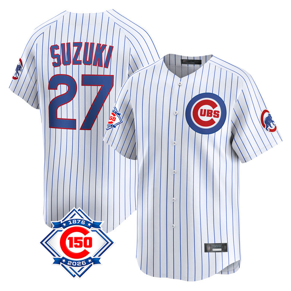 Trusc C.Cubs #27 Seiya Suzuki Player White 150th Anniversary Limited Home Game Stitched Jerseys