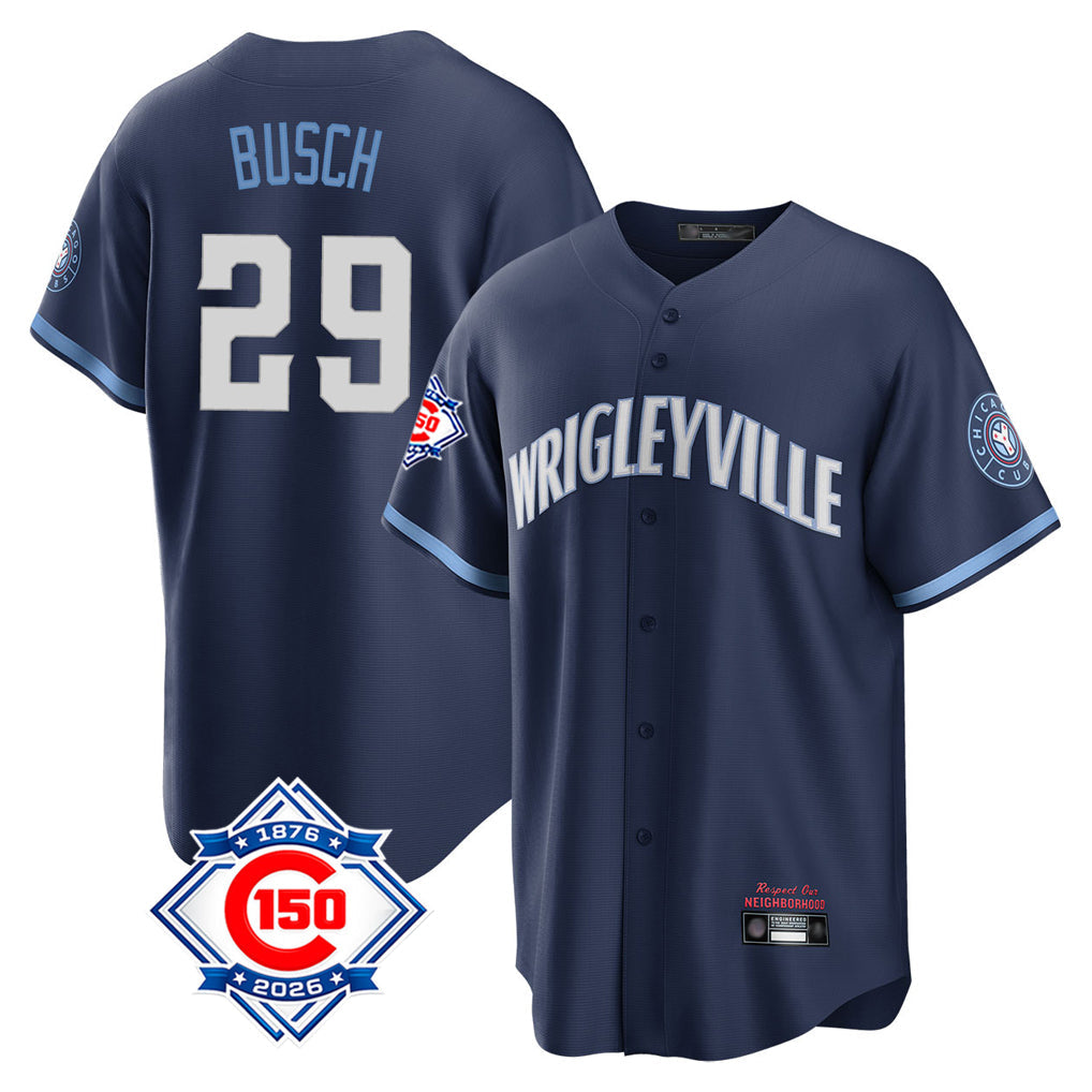 Trusc C.Cubs #29 Michael Busch Player Navy 150th Anniversary City Connect Home Game Stitched Jerseys