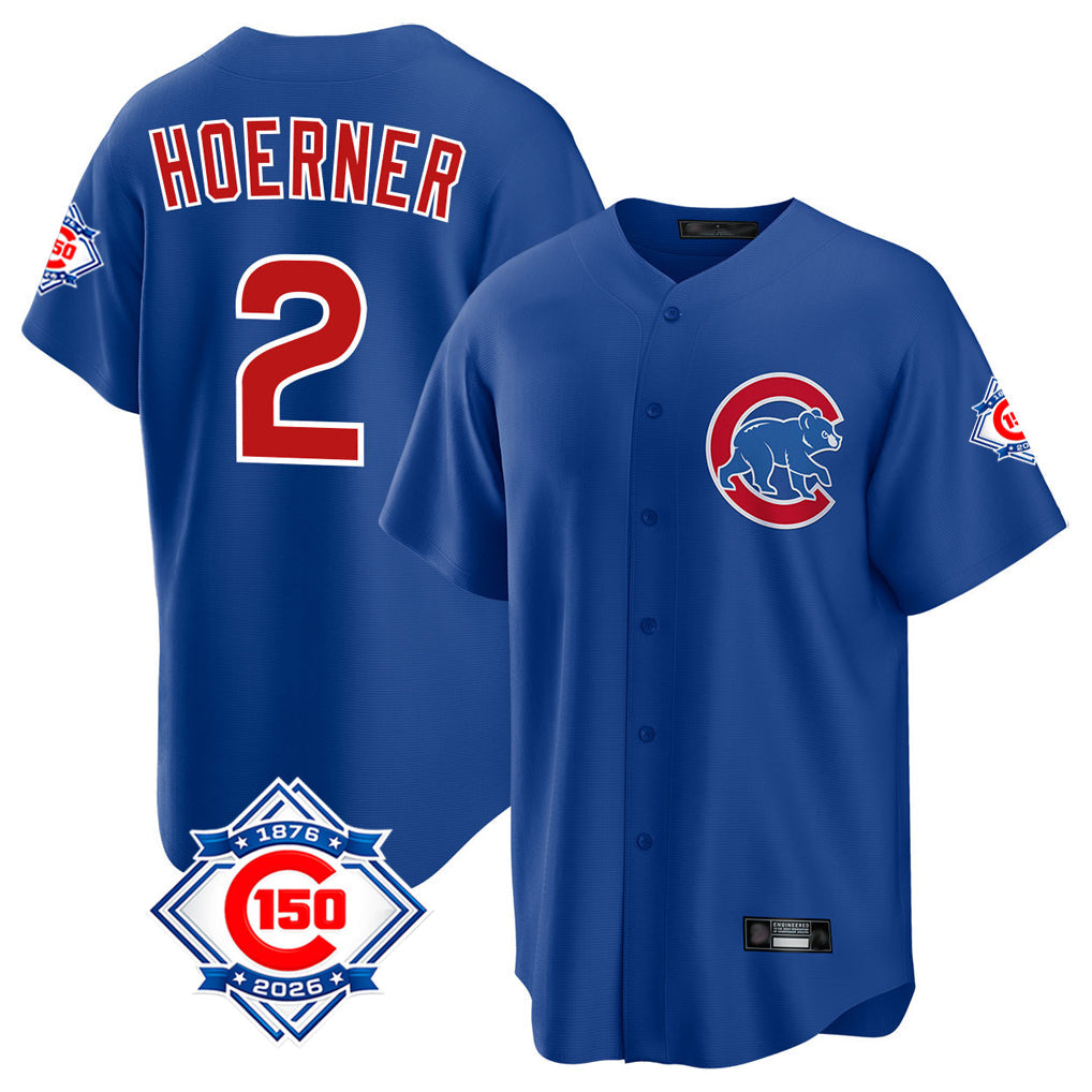 Trusc C.Cubs #2 Nico Hoerner Player Royal 150th Anniversary Home Game Stitched Jerseys