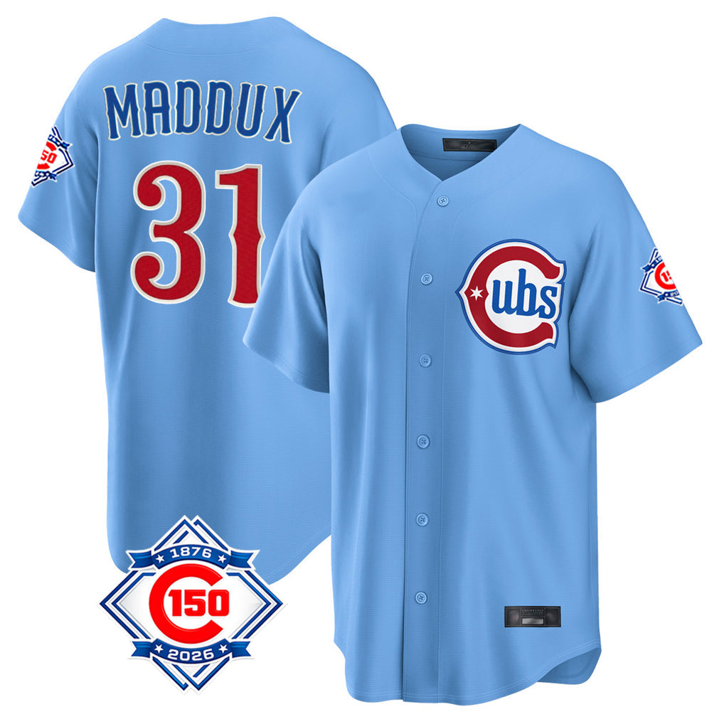 Trusc C.Cubs #31 Greg Maddux Player Light Blue 150th Anniversary Home Game Stitched Jerseys